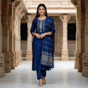 Royal blue Roman silk kurta set for women with golden zari embroidery, paired with matching pants and dupatta, perfect for festive occasions.