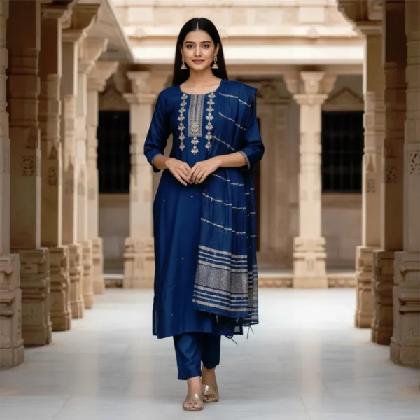 Royal blue Roman silk kurta set for women with golden zari embroidery, paired with matching pants and dupatta, perfect for festive occasions.