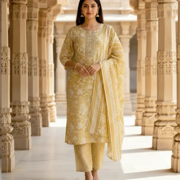 Sunny yellow and white floral print kurta set featuring intricate mirror and ari embroidery, paired with matching pants and dupatta.