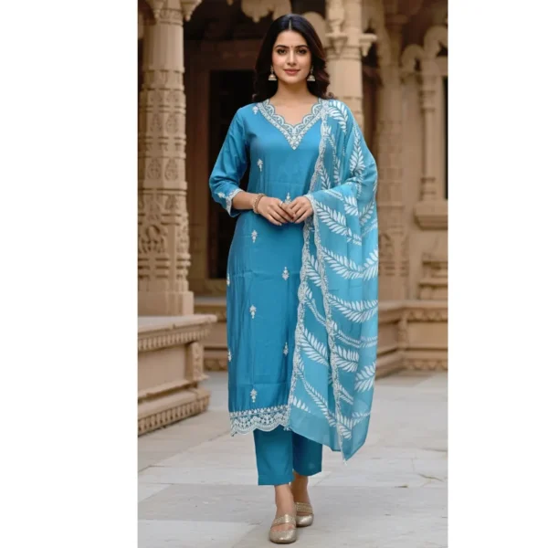 Indigo blue kurta set featuring golden zari embroidery with motif patterns on the yoke and daman, paired with a matching dupatta.