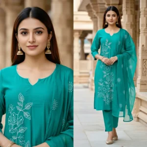 Teal green embroidered kurti set with white floral and foliage embroidery, crafted from soft, high-quality fabric and paired with a matching dupatta.