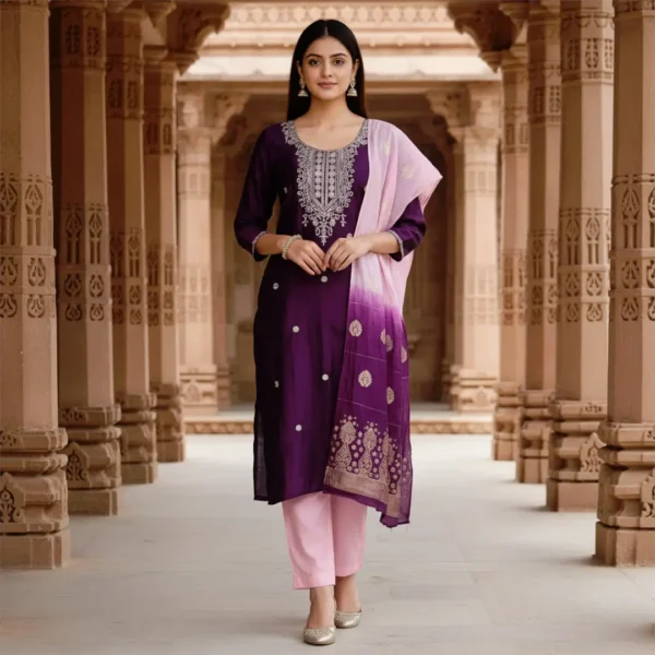 Deep purple embroidered kurti set featuring silver thread and zari work on the yoke, paired with baby pink straight trousers and a dual-toned dupatta.