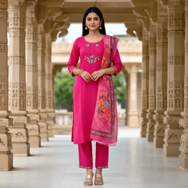 Pink Kurti Set with multi-color embroidery and floral print dupatta