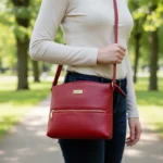 Ruby red genuine leather Lyra sling bag with a sleek, compact design and adjustable strap for versatile everyday use.