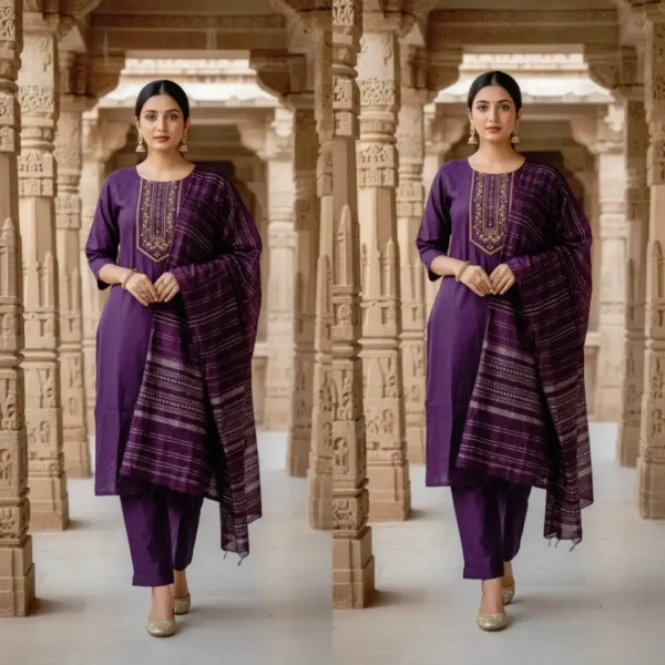 Royal Purple Kurti Set with gold thread embroidery and matching dupatta