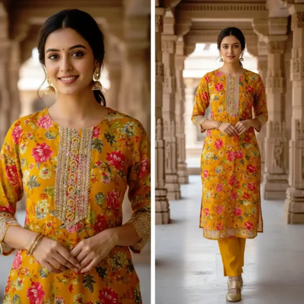 Mustard Yellow Floral Print Kurti Set with Zari Work on neck & sleeves