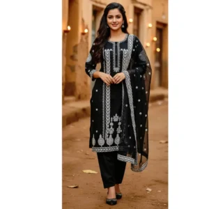 Black Lucknowi Georgette Kurti – Elegant Embroidered Fabric