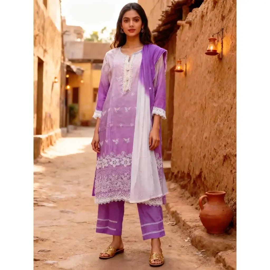 Elegant Schiffli embroidered voile fabric featuring intricate threadwork and a soft, airy texture. Perfect for kurtis, gowns, or festive outfits.