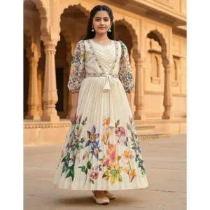 Stylish Cream Gown with Mirror Embellished Chest