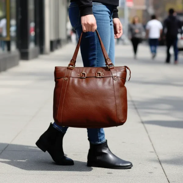 Classic deep cognac genuine leather tote bag with natural grain texture and premium craftsmanship