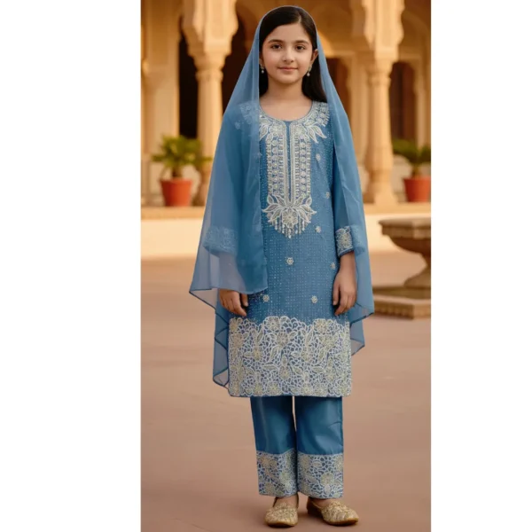 Sky blue kurti and plazo set for girls with intricate stone and embroidery work – festive ethnic wear