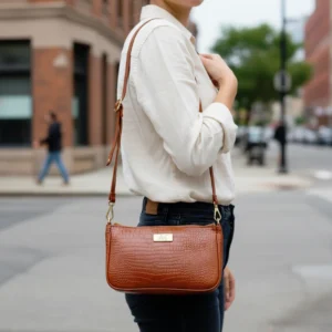 Tan croc-embossed genuine leather baguette bag with a sleek sling design and elegant gold-tone detailing