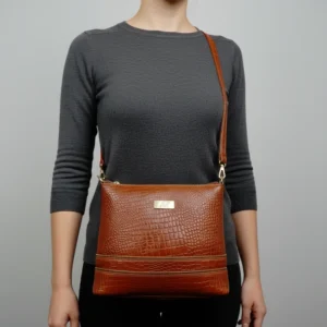 Tan Color genuine leather handbag with crocodile-embossed texture and elegant structured design