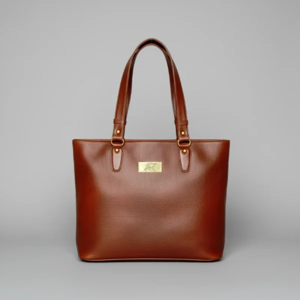 Brown genuine leather tote bag with natural grain texture, featuring a spacious design for elegant everyday use.