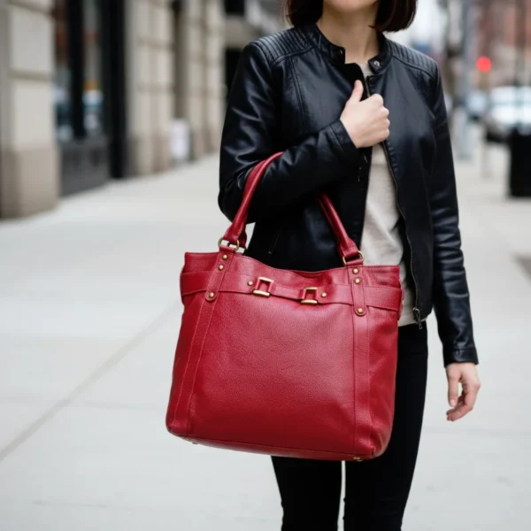 Red Ruby genuine leather tote bag with natural grain texture and premium craftsmanship