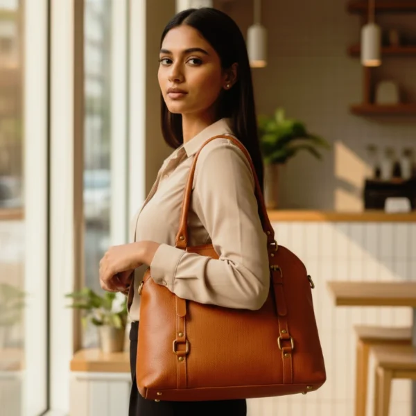Tan genuine leather tote bag with natural grain texture and a spacious, elegant design perfect for everyday use.