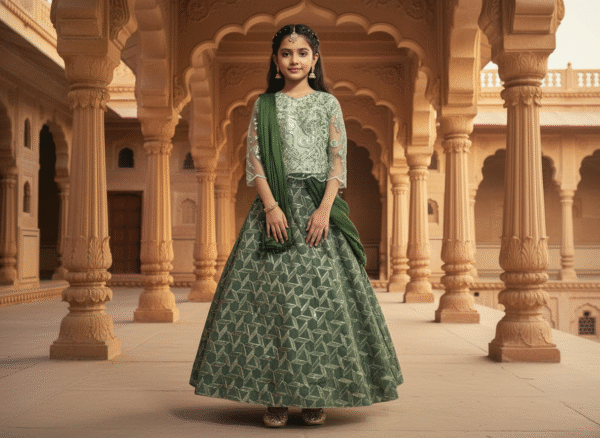 Green designer kids’ lehenga choli made from high-quality imported fabric with elegant detailing for festive occasions