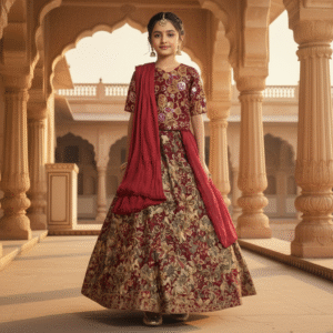 Maroon stylish kids’ lehenga choli made from high-quality imported fabric with elegant ethnic design for festive occasions