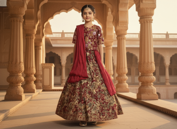 Maroon stylish kids’ lehenga choli made from high-quality imported fabric with elegant ethnic design for festive occasions