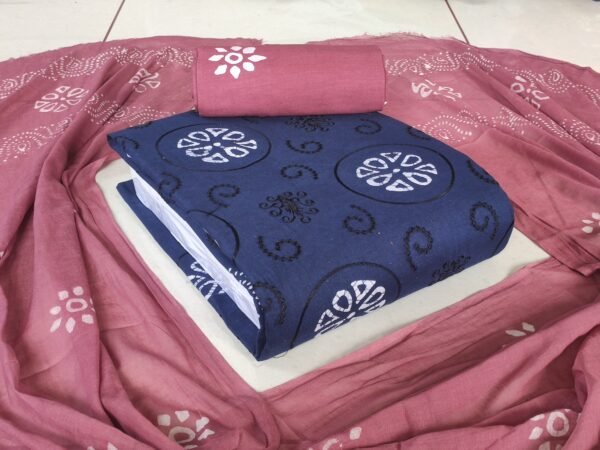Blue Premium Poplin Cotton Embroidery Work With Wax Batik Fabrics with Dupatta”