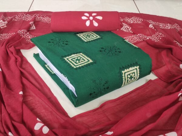 Green Color Premium Poplin Cotton Embroidery Work With Wax Batik Fabrics with Dupatta